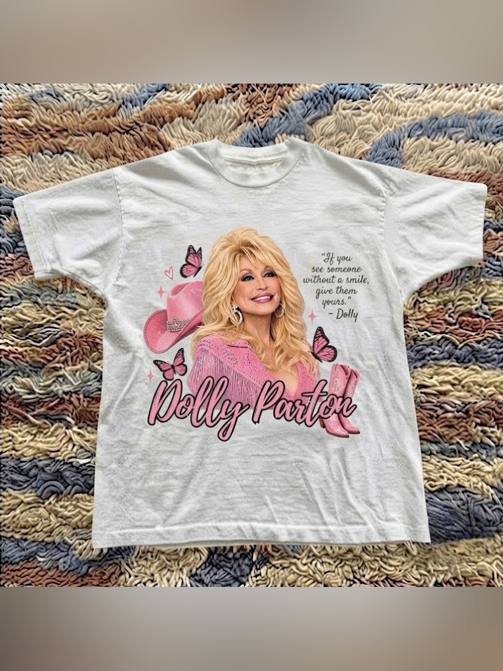Vintage Dolly Parton Pink Butterfly Country Music Graphic T Shirt White